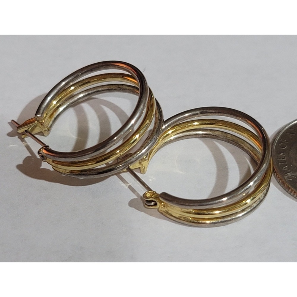 Vintage Womens Two Tone Triple Band Hoop Earrings Gold Silver Tone Latch Back